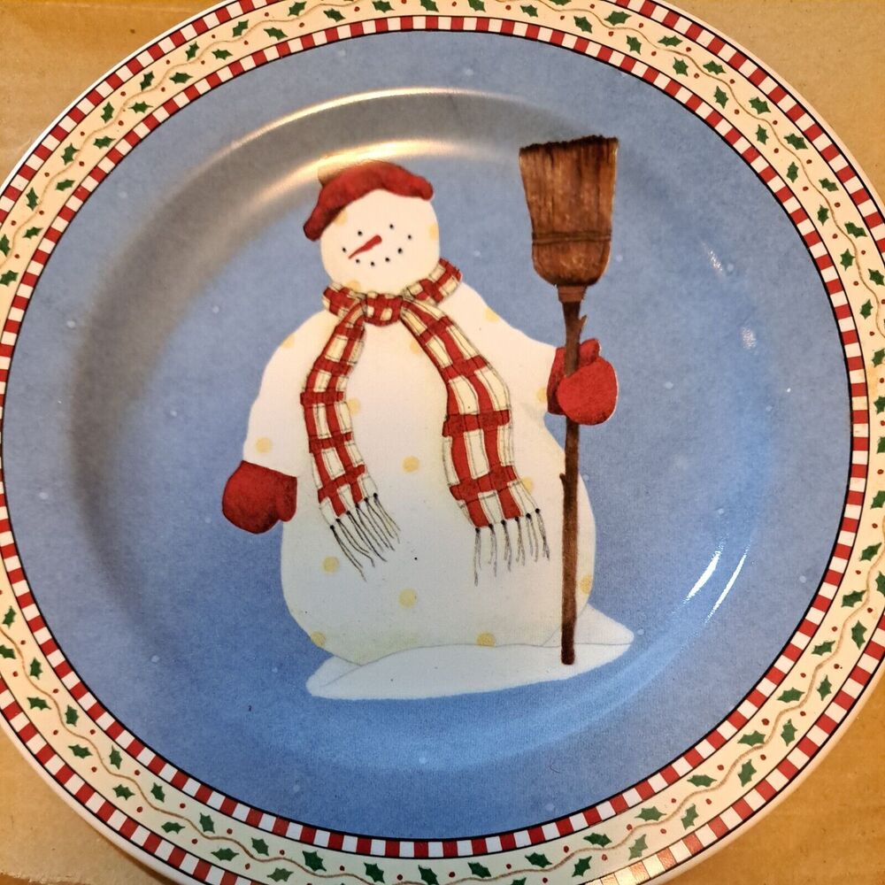 Debbie Mumm Salad Dessert 8 In. Plates 4 Sakura Snowman Rustic Christmas Vintage